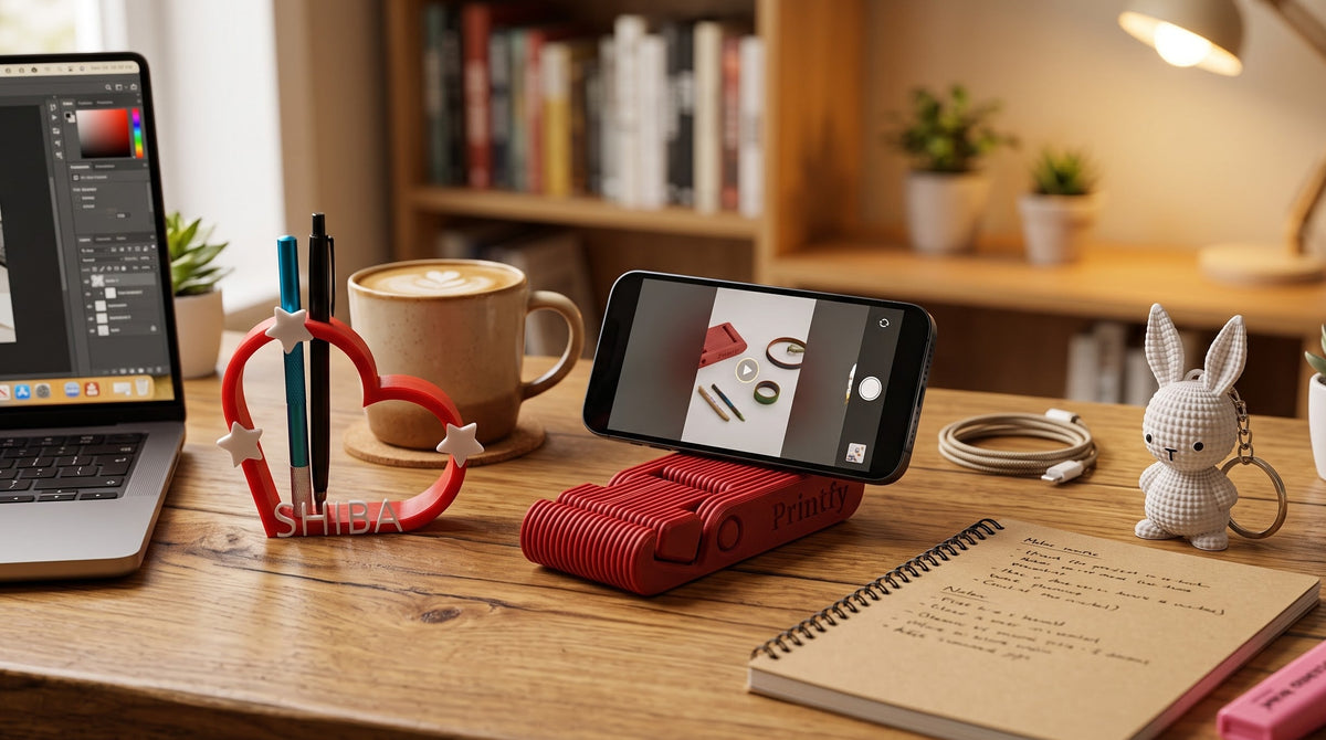 A red phone stand with a heart-shaped ring holder sits on a wooden desk in a cozy, warm-toned workspace. A smartphone is propped up on the stand, showing a camera interface.